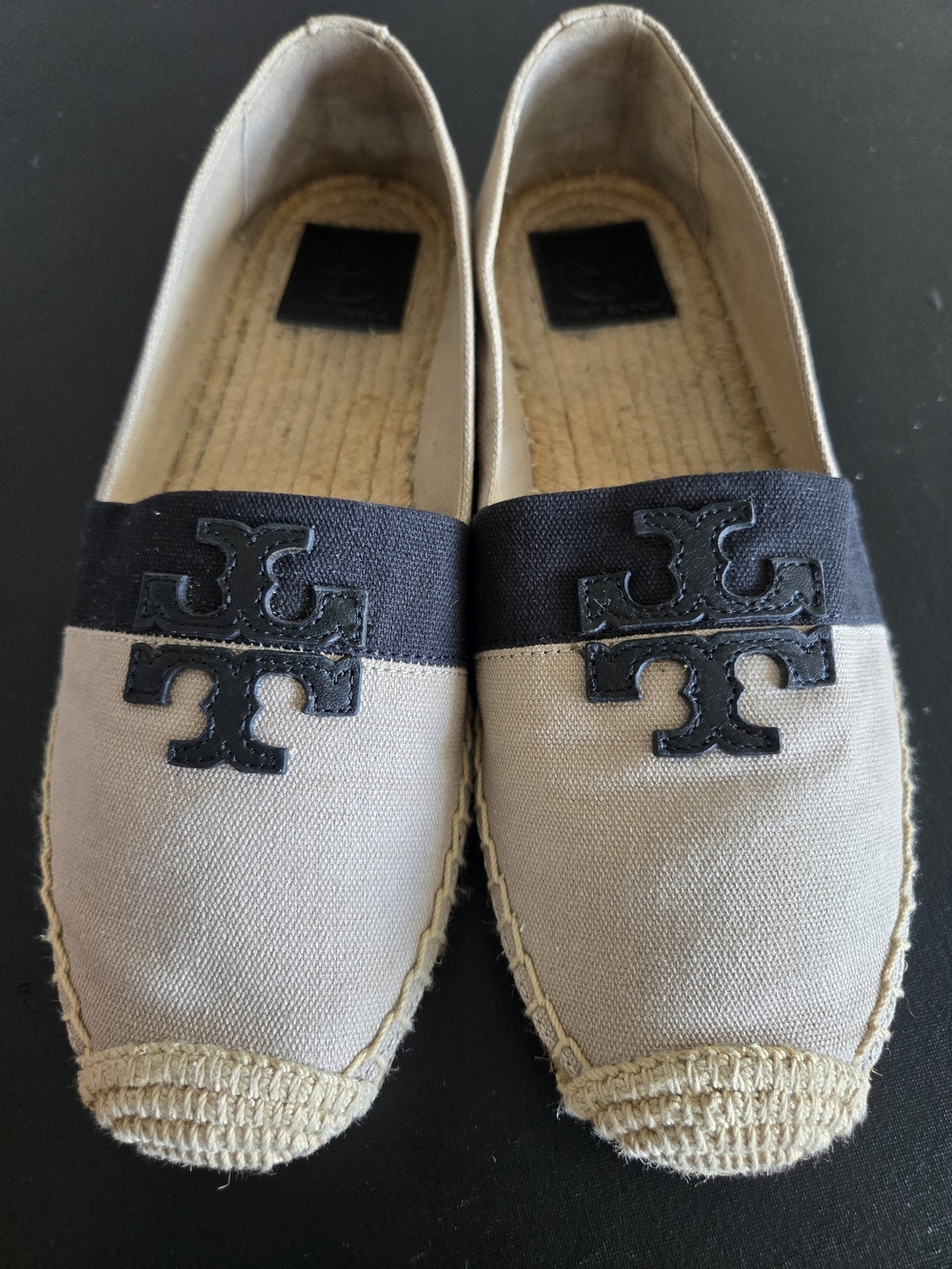 Tory Burch Ines Colorblock Espadrille Flats Canvas Leather Cream Black 9.5